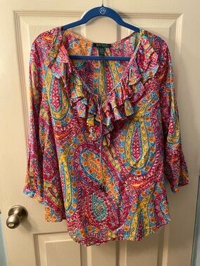 Lauren Ralph Lauren Pink Paisley Ruffle-Tie Blouse with Yellow & Blue Accents